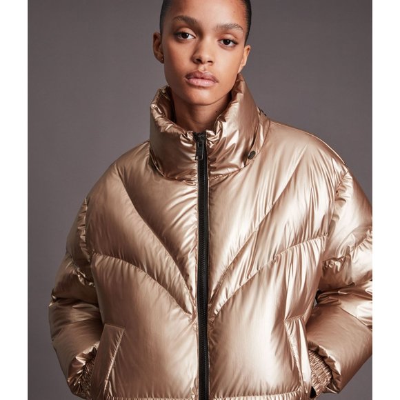 All Saints Mika Gold Metallic Long Sleeve Full Zip Puffer Coat Size 8 - Picture 3 of 12
